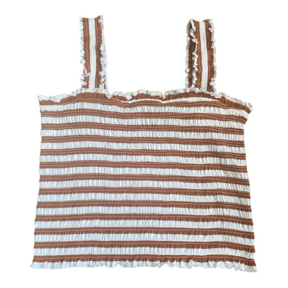 Veronica Beard Brown and White Smocked Ruffled Tank Top